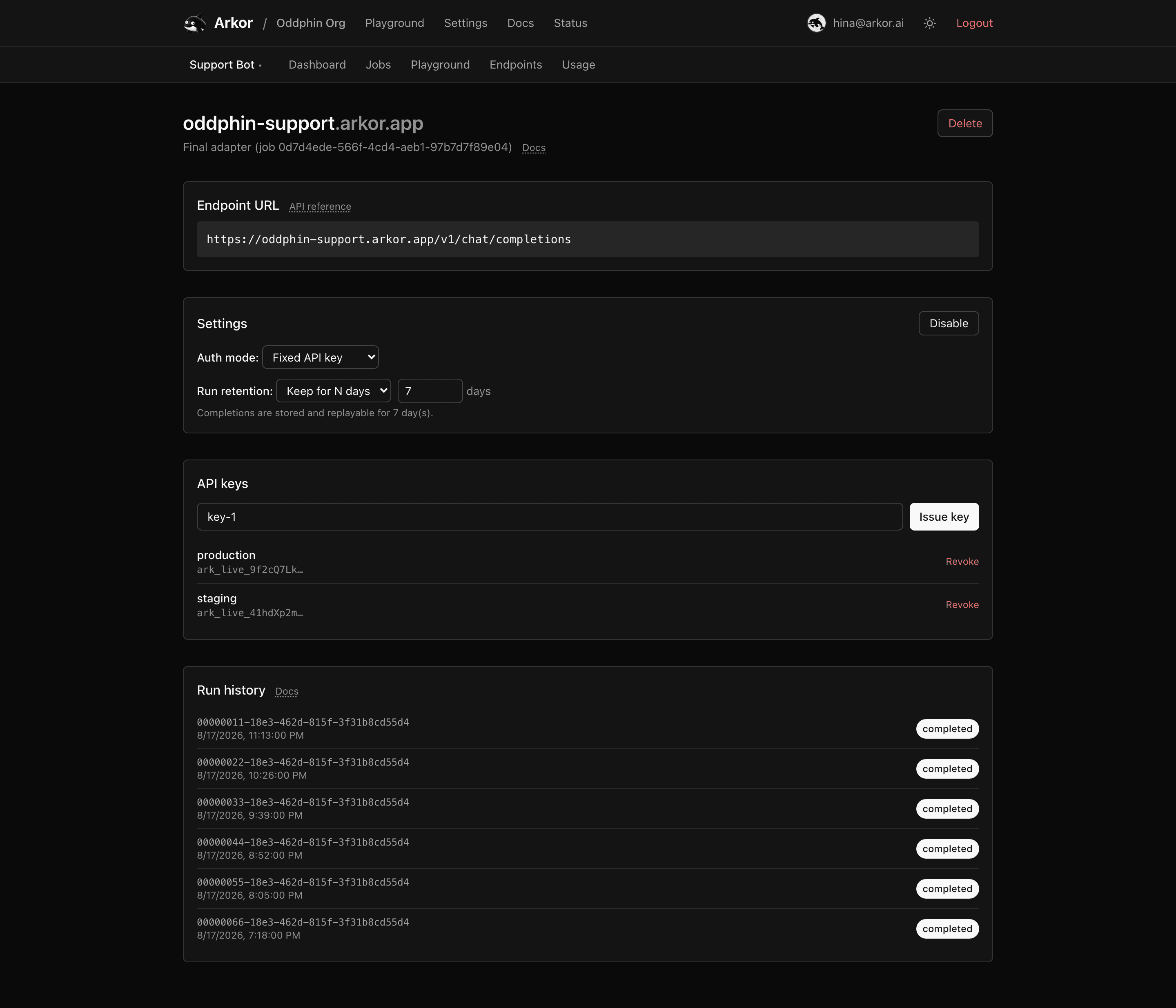 Run history on the endpoint detail page