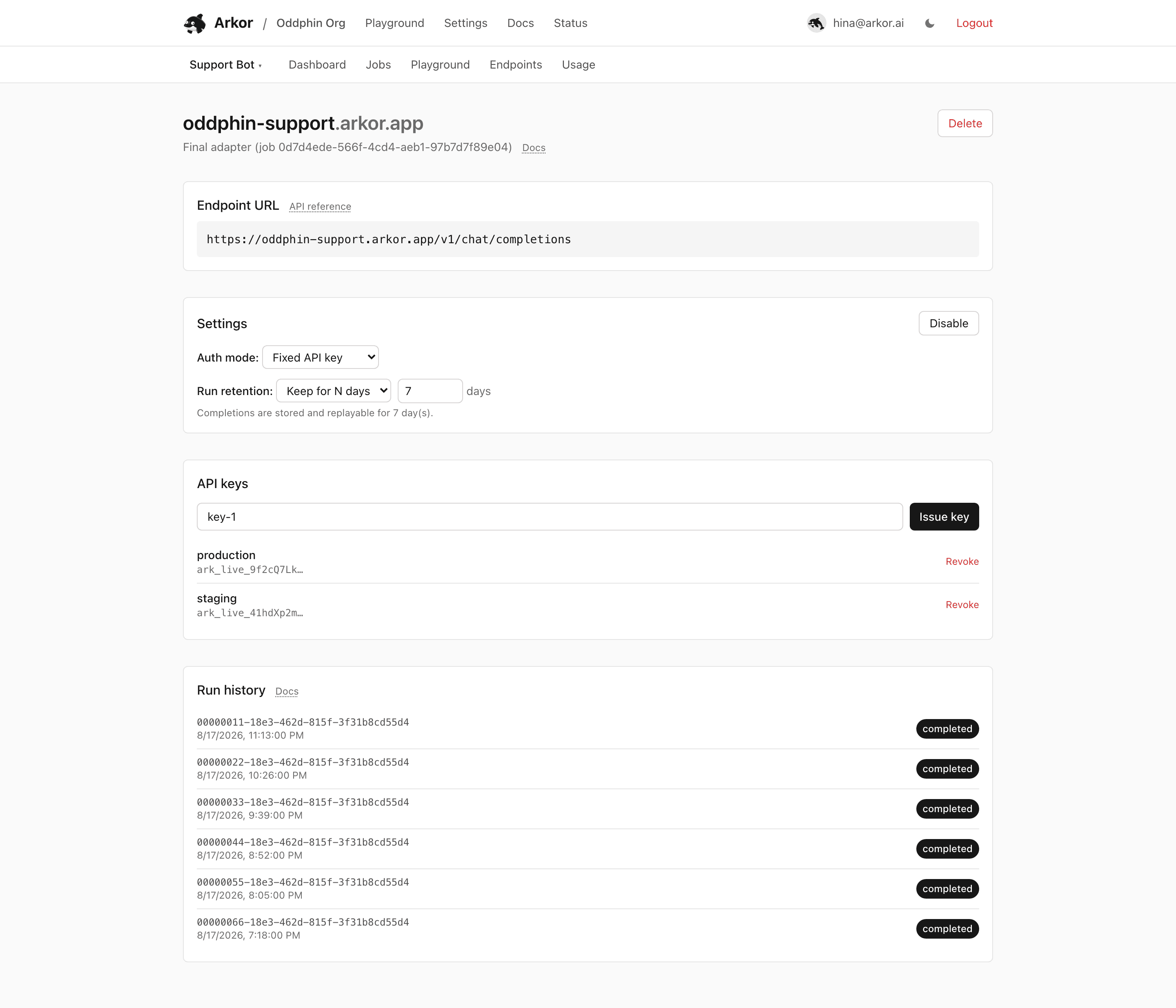 Run history on the endpoint detail page