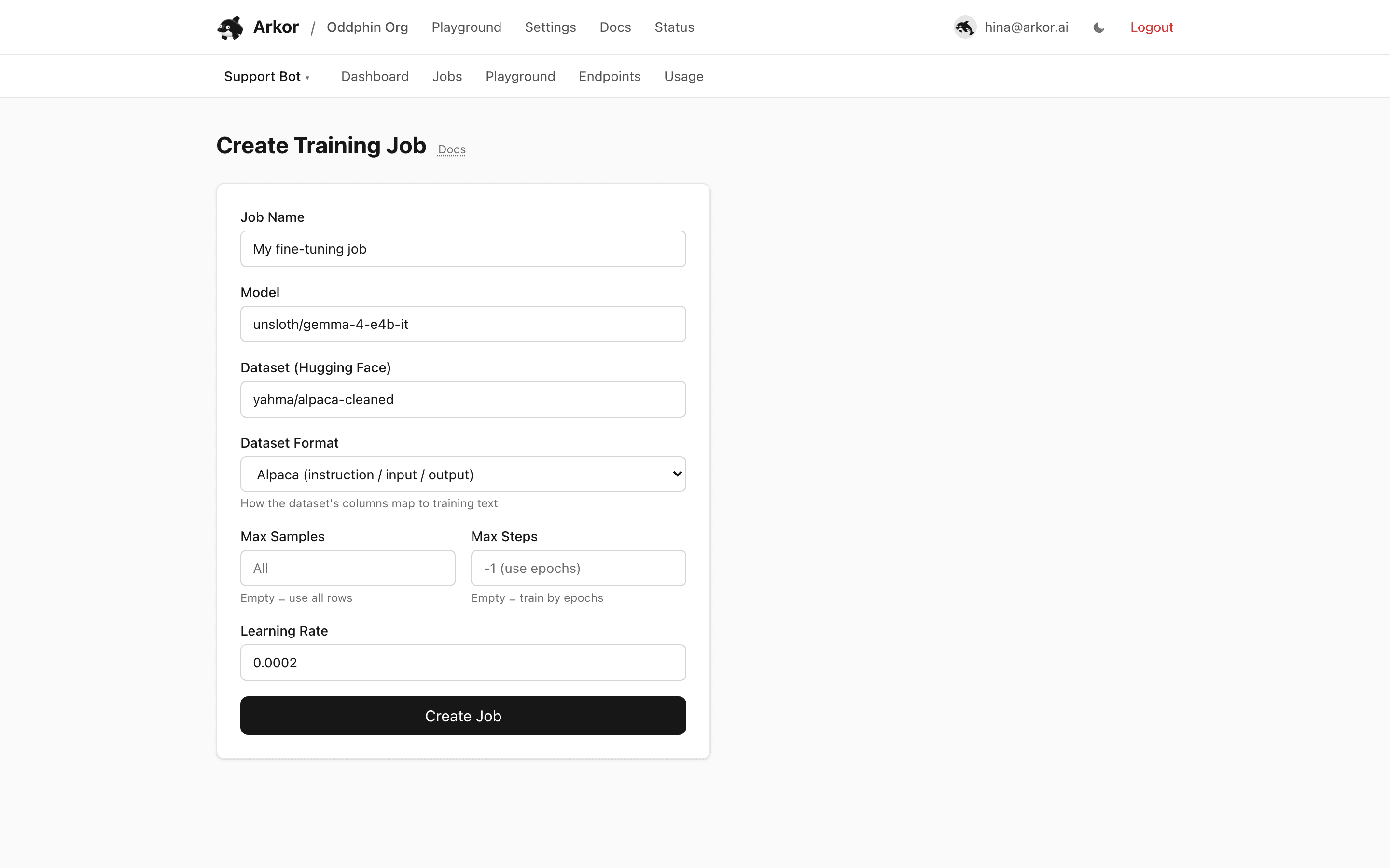 The new job form