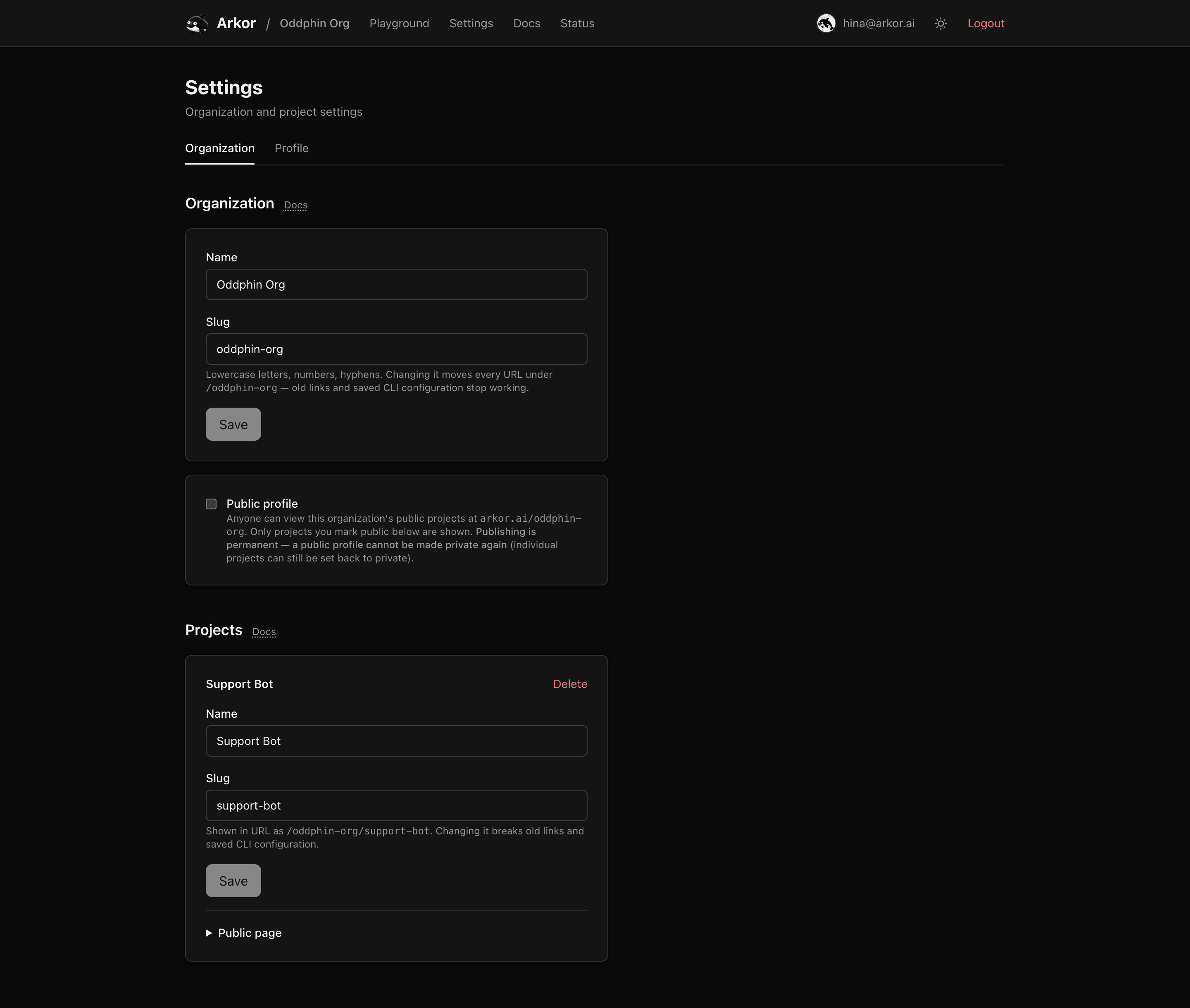 The organization settings page