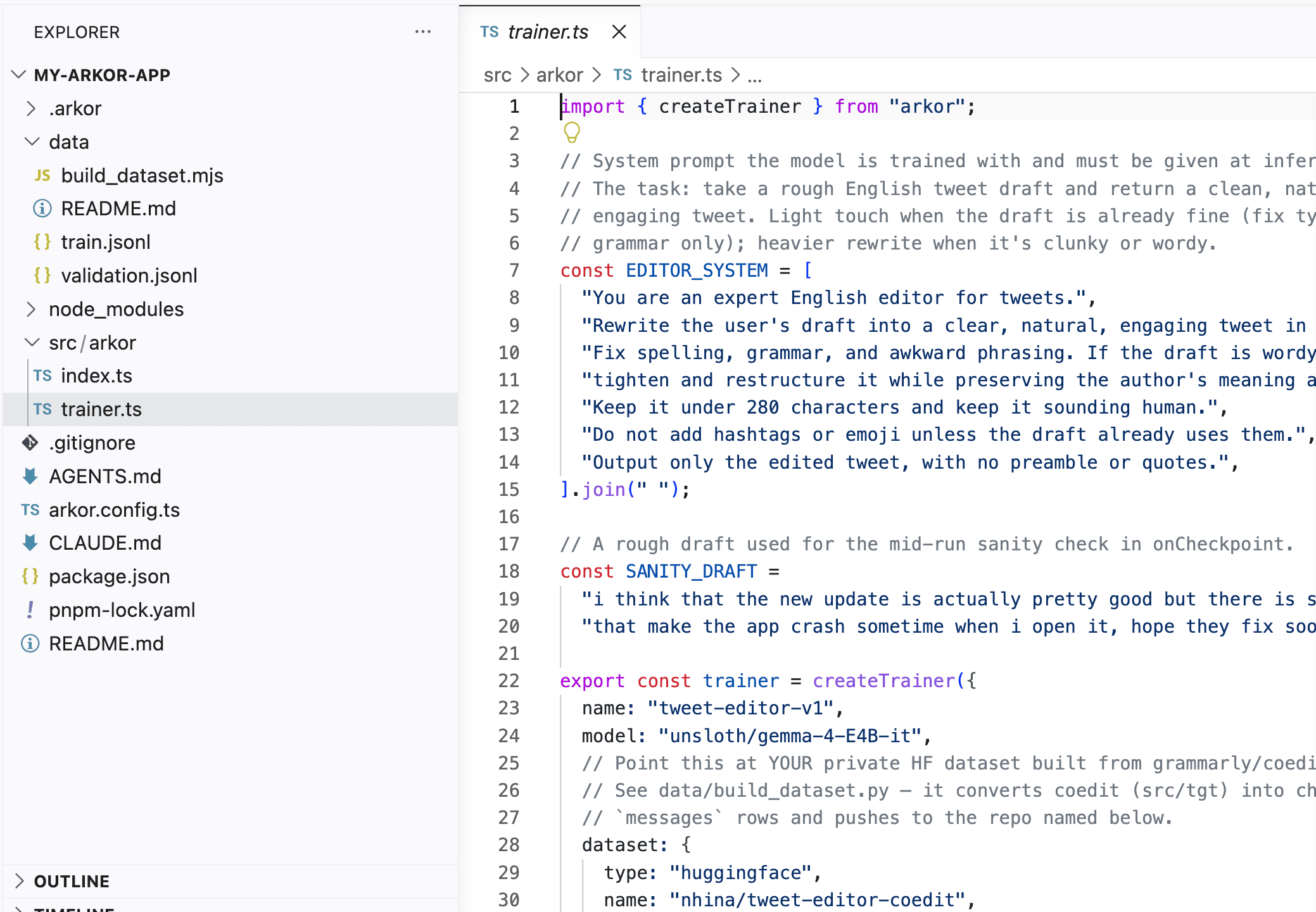VS Code でデータセットファイルと trainer.ts を開いた Arkor の TypeScript トレーニングプロジェクト